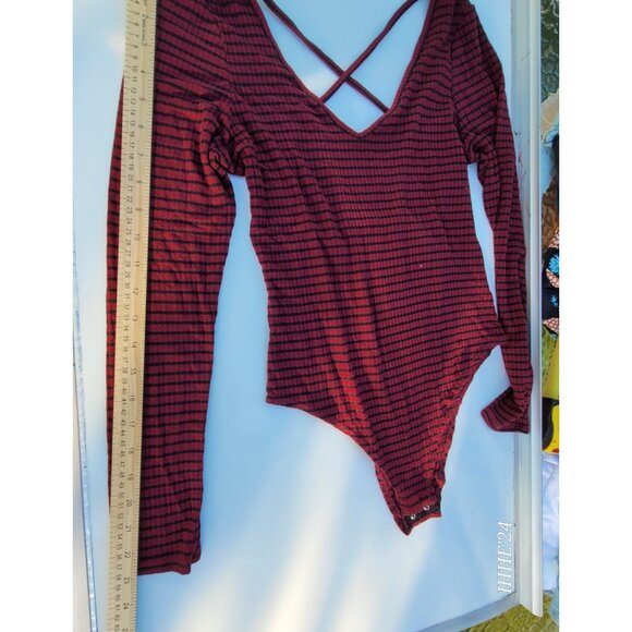 Striped Burgundy & Black Long Sleeve Women Bodysuit With Cross Back/ Medium - Picture 3 of 8